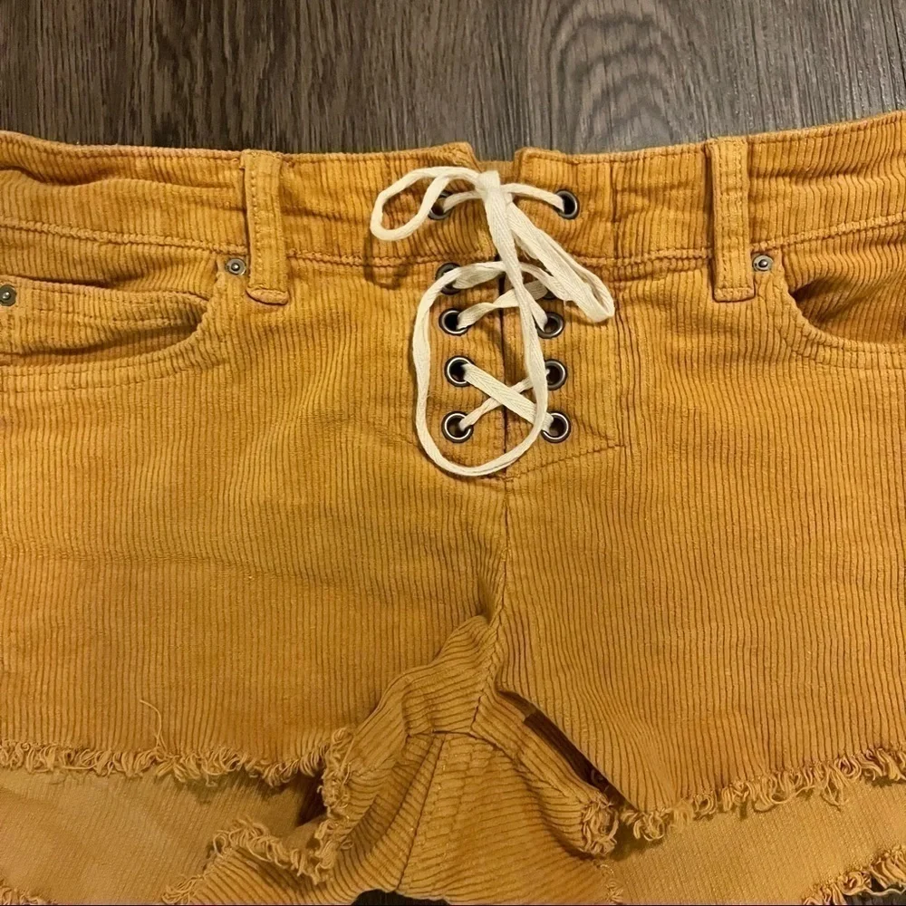 Mustard color Velour tie up shorts - Picture 2 of 5